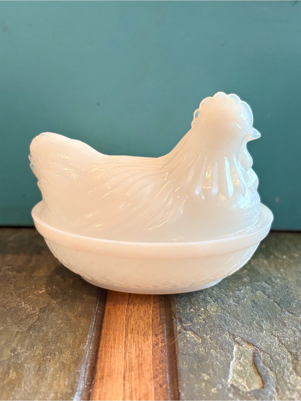 VTG Hazel Atlas White Milk Glass Hen on Nest 5" Chicken Covered Dish MCM Basket